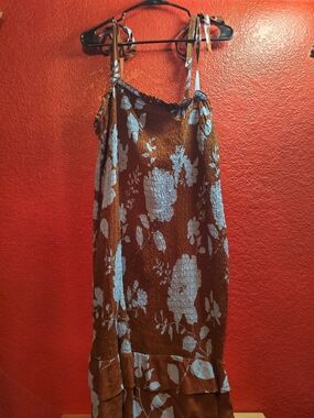Forever 21 Brown Dress with Blue Floral Print and Smocking